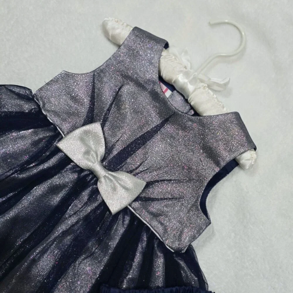 Rosenau Baby Dress Set 18M Silver Metallic Bodice Navy Mesh Skirt Bloomers EUC